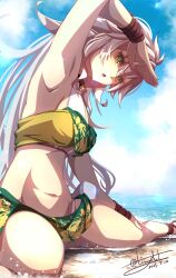 1girl beach bikini blue_sky breasts cloud dated eiyuu_densetsu fie_claussell floral_print hair_between_eyes highres kai_no_kiseki kuro_no_kiseki_(series) long_hair looking_at_viewer navel ocean open_mouth outdoors partially_shaded_face sideburns signature sitting sky solo swimsuit tinybiard twitter_username white_hair yellow_eyes