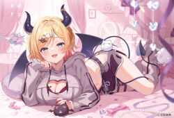 1girl :d black_horns black_shorts blonde_hair bra bra_peek breast_tattoo breasts cleavage cleavage_cutout clothing_cutout commentary_request copyright_notice cropped_hoodie demon_girl demon_horns demon_tail demon_wings dolphin_shorts full_body garter_straps gradient_hair green_eyes grey_hoodie grey_leg_warmers hair_ornament hairclip heart_cutout highres hip_vent hololive hood hoodie horns indoors large_breasts leg_warmers looking_at_viewer midriff multicolored_hair official_alternate_costume official_alternate_hairstyle official_art on_bed open_mouth pink_hair pointy_ears purple_bra satoupote short_hair short_shorts shorts single_garter_strap smile solo swept_bangs tail tail_around_own_leg tattoo thigh_strap underwear virtual_youtuber winged_heart_tattoo wings yuzuki_choco yuzuki_choco_(9th_costume)