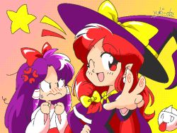 1990s_(style) 2girls ;d anger_vein angry anime_coloring artist_name bakebake_(touhou) blush bow cape clenched_hands commentary dithering dress english_commentary fingerprint frown gradient_background hair_bow hair_over_shoulder hair_tubes hakama hakurei_reimu hakurei_reimu_(pc-98) hand_on_own_hip hat hat_bow hat_ribbon jaggy_lines japanese_clothes kimono kirisame_marisa kirisame_marisa_(pc-98) long_hair long_sleeves looking_at_another looking_at_viewer miko multiple_girls nose_blush one_eye_closed open_mouth pc-98_(style) pink_background purple_cape purple_dress purple_hair purple_headwear red_bow red_cape red_eyes red_hair red_hakama retro_artstyle ribbon sidelocks signature simple_background smile star_(symbol) stray_hair sweatdrop touhou touhou_(pc-98) two-sided_cape two-sided_fabric upper_body v-shaped_eyebrows w wavy_hair white_kimono wide_sleeves witch witch_hat yellow_background yellow_bow yellow_ribbon yuki_oto