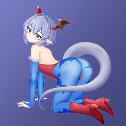 1boy all_fours animal_print ass backless_leotard bare_arms bare_back bare_shoulders basher bat_print blue_background blue_eyes blue_gloves blue_pantyhose boots boros_(ouro_kronii) bridal_gauntlets commentary cosplay crossdressing darkstalkers demon_wings elbow_gloves english_commentary full_body fur-trimmed_gloves fur_trim gloves grey_hair hair_between_eyes hair_intakes head_wings high_heel_boots high_heels highres hololive hololive_english leotard lilith_(darkstalkers) lilith_(darkstalkers)_(cosplay) looking_at_viewer male_focus pantyhose personification pointy_ears print_pantyhose red_boots red_leotard short_hair simple_background smile snake_boy snake_tail solo strapless strapless_leotard tail trap virtual_youtuber wings