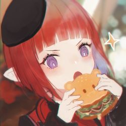 1girl 2022 blunt_bangs blush bread bread_slice dress final_fantasy final_fantasy_xiv food hat highres holding holding_food lalafell lettuce onion open_mouth original pointy_ears purple_eyes red_hair sandwich solo sparkle tomato warrior_of_light_(ff14)