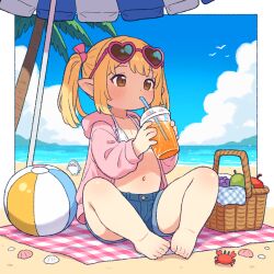 1girl apple ball barefoot basket beach beach_umbrella beachball bikini blonde_hair blue_shorts blush brown_eyes cloud crab cup day denim denim_shorts drink drinking_straw eyewear_on_head final_fantasy final_fantasy_xiv flat_chest food fruit full_body grapes heart heart-shaped_eyewear holding holding_cup holding_drink hood hood_down hooded_jacket jacket lalafell navel ocean onyhakase open_clothes open_jacket outdoors palm_tree pear pink_jacket pointy_ears short_hair short_shorts shorts sitting sky solo sunglasses swimsuit toes tree twintails umbrella white_bikini