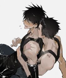 2boys arm_around_waist black_hair black_pants black_shirt black_tank_top blush brothers citronplanet earrings highres incest jewelry leaning_on_person male_focus millions_knives multiple_boys pants prosthesis prosthetic_arm shirt short_hair siblings simple_background single_earring sitting sitting_on_lap sitting_on_person sweat tank_top trigun trigun_maximum twins vash_the_stampede white_background yaoi