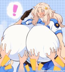 ! 2girls 6+boys :o animated animated_gif blonde_hair blush breasts closed_eyes covered_erect_nipples grabbing_another&#039;s_breast groping hataraki_ari huge_breasts huge_nipples long_hair molestation multiple_boys multiple_girls nipples open_mouth orange_hair original police police_uniform policewoman short_hair speech_bubble surprised