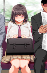 1girl 2boys aneshiko bag blush braid breasts briefcase brown_hair brown_sailor_collar brown_skirt clenched_hands closed_mouth collarbone hair_ribbon half-closed_eyes highres holding holding_bag indoors knees_together_feet_apart large_breasts long_sleeves looking_down miniskirt multiple_boys necktie original pink_eyes pink_ribbon pleated_skirt red_necktie ribbon sailor_collar school_bag school_briefcase school_uniform seat serafuku shiny_clothes shirt short_hair sidelocks single_braid sitting skirt solo_focus straight-on train_interior white_shirt window
