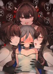 4girls :q abyssal_ship black_gloves black_hair black_ribbon blue_hair blush breasts drooling fang gloves grey_hair hair_between_eyes hair_over_one_eye hair_ribbon harem heart horns kantai_collection kiyoshimo_(kancolle) long_hair mouth_drool multicolored_hair multiple_girls nose_blush open_mouth pale_skin ponytail ra-class_destroyer ra-class_destroyer_alpha ra-class_destroyer_delta ra-class_destroyer_gamma ribbon shin_(new) small_breasts strap_slip sweat tongue tongue_out v very_long_hair yuri |_|