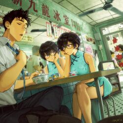 1boy 1girl black_hair bowl china_dress chinese_clothes closed_eyes collared_shirt commentary_request crossed_legs cup dress earrings figure_four_sitting food glasses hand_on_own_cheek hand_on_own_face highres indoors jewelry kowloon_generic_romance kudou_hajime kujirai_reiko looking_at_mirror mandarin_collar mirror mole mole_under_eye necktie open_mouth plate reflection salt_shaker shirt short_hair sitting sleeves_rolled_up stool striped_necktie television tim_yan translation_request white_shirt window