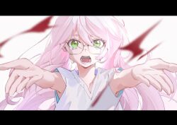 1girl absurdres aged_down alien_stage child chinese_commentary commentary_request crying crying_with_eyes_open dress glasses green_eyes highres letterboxed long_hair mizi_(alien_stage) outstretched_arms pink_hair seppuku009 sleeveless sleeveless_dress solo tears white_dress