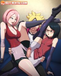 1boy 2girls age_difference bisexual_female blue_couch boruto:_naruto_next_generations breasts censored cooperative_grinding cum ejaculation erection feet_out_of_frame ffm_threesome flexible glasses_on_head grinding group_sex haruno_sakura highres indoors large_breasts large_penis mature_female mosaic_censoring mother_and_daughter multiple_girls naruto_(series) onee-shota open_mouth oyakodon_(sex) penis pink_hair reit scissorhold short_hair shota small_breasts teamwork_(sexual) threesome uchiha_sarada uzumaki_boruto