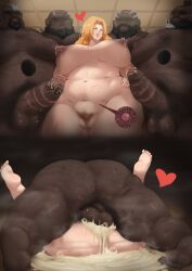 1girl 4boys bleach breasts cum cum_in_pussy cum_on_floor dark-skinned_male dark_skin erection fat fat_man fat_woman flaccid highres huge_breasts impregnation large_areolae large_penis long_hair maebari mating_press matsumoto_rangiku multiple_boys nipples penis plump puffy_nipples sex smegma thick_thighs thighs vaginal zeroqrisu