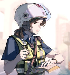 1girl blurry blurry_background body_cam brown_eyes brown_hair dated depth_of_field eyelashes gun_sling helmet highres lips lipstick load_bearing_vest long_hair makeup notepad original pen police police_uniform policewoman signature sketch solo taiwan tennohi upper_body watch wristwatch