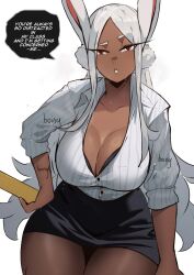 1girl :o alternate_costume animal_ears black_bra black_skirt boku_no_hero_academia bra bra_peek breasts cleavage collared_shirt commentary dark-skinned_female dark_skin english_commentary english_text funi_xd hand_on_own_hip highres holding large_breasts long_eyelashes long_hair looking_at_viewer mirko pantyhose parted_bangs pencil_skirt rabbit_ears rabbit_girl raised_eyebrow red_eyes shirt shirt_tucked_in simple_background skirt sleeves_rolled_up solo sound_effects speech_bubble sweat teacher thick_thighs thighs toned toned_female underwear very_long_hair white_background white_hair