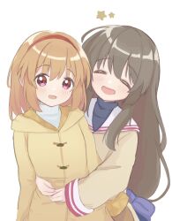 Rule 34 | 2girls, blush, bow, brown hair, clannad, closed eyes, coat, crossover, dot nose, female focus, hair between eyes, hair bow, headband, highres, hikarizaka private high school uniform, holding, ibuki fuuko, kanon, long hair, long sleeves, looking at viewer, low-tied long hair, multiple girls, seleneuoxou, shirt, simple background, sleeve cuffs, standing, star (symbol), tsukimiya ayu, underwear, white background