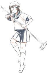1girl bandages black_eyes black_hair blue_neckerchief blue_sailor_collar blue_skirt cleaning_brush eyepatch fubuki_(kancolle) full_body highres kantai_collection medium_hair neckerchief one_eye_closed pleated_skirt ponytail sailor_collar sakiecho school_uniform serafuku shirt short_ponytail simple_background skirt socks solo standing standing_on_one_leg white_background white_shirt white_socks