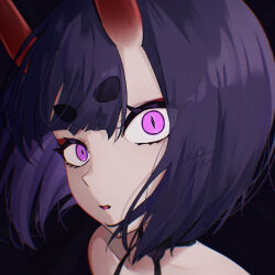 Rule 34 | 1girl, absurdres, bare shoulders, black background, eyeliner, fate/grand order, fate (series), hair between eyes, highres, horns, izanaware game, looking at viewer, makeup, oni, open mouth, purple eyes, purple hair, red horns, short eyebrows, short hair, shuten douji (fate), simple background, skin-covered horns, solo, upper body