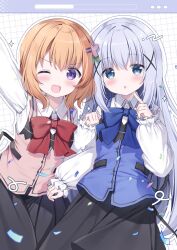 Rule 34 | 2girls, :o, ;d, arm up, black skirt, blonde hair, blue bow, blue bowtie, blue eyes, blue hair, blue vest, blush, bow, bowtie, collared shirt, commentary request, cowboy shot, flower, gochuumon wa usagi desu ka?, grid background, hair flower, hair ornament, highres, hoto cocoa, index finger raised, kafuu chino, long hair, long sleeves, looking at viewer, multiple girls, one eye closed, open mouth, outline, outstretched arm, pink vest, pizzzica, purple eyes, red bow, red bowtie, shirt, short hair, skirt, smile, vest, white background, white outline, white shirt, x hair ornament