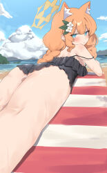 Rule 34 | 1girl, absurdres, alternate costume, animal ear fluff, animal ears, ass, bare arms, bare shoulders, black one-piece swimsuit, blue archive, blue eyes, blush, cat ears, cat girl, closed mouth, d (delt4), extra ears, flower, from behind, hair between eyes, hair flower, hair ornament, halo, highres, looking at viewer, lying, mari (blue archive), ocean, on stomach, one-piece swimsuit, orange hair, solo, swimsuit, wet, white flower, yellow halo