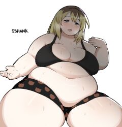 1girl 53hank absurdres animal_print artist_name bear_print belly black_bra black_shorts blonde_hair blue_eyes blush bra breasts brown_hair cleavage fanning_self fat fat_woman highres large_breasts medium_hair multicolored_hair navel open_mouth original short_shorts shorts sitting solo sweat thick_arms thick_thighs thighs underwear white_background