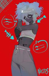 1girl absurdres aqua_hair black_eyeliner blue_hair bracelet commentary cowboy_shot crop_top dark-skinned_female dark_skin eyeliner fish_skeleton gills hair_bun hand_in_own_hair highres jewelry makeup midriff multicolored_hair nxctes original pants pink_hair red_background signature solo spikes stomach_tattoo tank_top tattoo very_dark_skin white_eyes white_tank_top