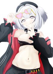 1girl :3 :q ahoge azur_lane beret black_hat black_jacket breasts collar crop_top eyewear_on_head grey_eyes groin hair_intakes hat heart heart-shaped_eyewear highres jacket looking_at_viewer medium_breasts navel open_clothes open_jacket pink_nails short_hair simple_background solo spiked_collar spikes stomach thick_eyebrows tongue tongue_out two_side_up v v_over_mouth white_background white_hair x_as001242 z13_(azur_lane)