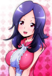 00s 1girl :d breasts female_focus fresh_precure! gradient_background heart higashi_setsuna large_breasts looking_at_viewer open_mouth precure purple_hair red_eyes ryuuta_(cure_ryuuta) short_hair smile solo spade
