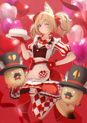 1girl animal_ear_fluff animal_ears ankle_bow ankle_ribbon apron argyle_clothes argyle_dress argyle_pantyhose asymmetrical_legwear balloon belt belt_around_waist black_hair blonde_hair blunt_bangs bow bowtie cake collared_shirt commentary_request dress earrings fennec_fox fishnet_thighhighs fishnets floating food fox_ears fox_girl fox_tail frilled_dress frills full_body gloves hair_bow hair_bun hand_on_own_hip hands_up hat heart heart_balloon heart_earrings heart_pouch highres holding holding_tray hololive jewelry katuko_deluxe knees_up lapels layered_dress layered_skirt looking_at_viewer maid medium_hair mismatched_legwear multicolored_hair notched_lapels official_alternate_costume official_alternate_hairstyle omaru_polka omaru_polka_(6th_costume) one_eye_closed pantyhose parted_lips pink_hair pleated_dress puffy_short_sleeves puffy_sleeves purple_eyes red_background red_bow red_bowtie red_gloves red_hat ribbon shirt shoes short_sleeves skirt solo streaked_hair tail thighhighs tilted_headwear traditional_bowtie tray twintails two-tone_dress uneven_legwear vertical-striped_sleeves vest virtual_youtuber waist_apron waitress white_apron white_shirt zain_(omaru_polka)