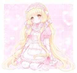 1girl apron arms_at_sides blonde_hair blunt_bangs border bow breasts chii chobits commentary cross-laced_hairband dress expressionless frilled_apron frilled_hairband frills full_body grid_background hair_bow hair_ribbon hairband highres humanoid_robot juliet_sleeves layered_sleeves long_hair long_sleeves looking_at_viewer low_twintails mipi_(u3u_00) pale_skin pantyhose parted_lips persocom_(chobits) pink_apron pink_background pink_bow pink_dress pink_hairband pink_ribbon puffy_sleeves ribbon robot robot_ears seiza sitting sleeves_past_wrists small_breasts solo straight_hair twintails very_long_hair waist_apron white_border white_pantyhose yellow_eyes