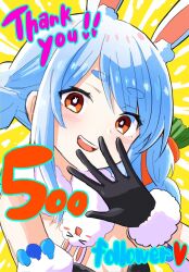&gt;_&lt; 1girl :d animal_ear_fluff animal_ears bare_shoulders black_gloves black_leotard blush braid brown_eyes commentary_request detached_sleeves don-chan_(usada_pekora) fur-trimmed_gloves fur_trim gloves hand_up highres hololive kiritoma leotard long_hair looking_at_viewer milestone_celebration open_mouth puffy_short_sleeves puffy_sleeves rabbit-shaped_pupils rabbit_ears short_eyebrows short_sleeves smile solo strapless strapless_leotard symbol-shaped_pupils thank_you thick_eyebrows twin_braids twintails upper_body usada_pekora usada_pekora_(1st_costume) virtual_youtuber white_sleeves xd yellow_background