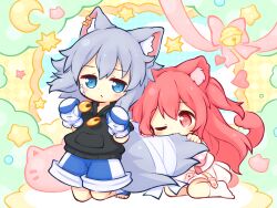 2girls absurdres aikei_ake animal_ears bandaged_tail bell biting_another&#039;s_tail black_hoodie blue_eyes blue_shorts blue_socks blush bow boxing_gloves cat_ears cat_girl cat_tail chibi commission crescent drawstring fang grey_hair hair_between_eyes half-closed_eyes highres hood hood_down hoodie jingle_bell long_hair looking_at_another multiple_girls no_shoes one_eye_closed open_mouth original pink_bow pink_eyes pink_hair pleated_skirt second-party_source short_sleeves shorts skeb_commission skirt socks star_(symbol) tail toeless_legwear two_side_up very_long_hair white_skirt white_socks wolf_ears wolf_girl wolf_tail