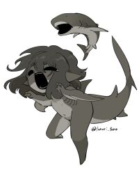 1girl absurdres animal black_eyes black_hair claw_pose claws colored_skin fins fish_tail full_body gills grey_skin highres monster_girl nipples open_mouth original pointy_ears shark shark_girl shark_tail sharp_teeth short_hair simple_background solo tail teeth torori_toro_(oimo_kenpi) white_background