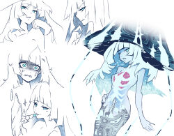 1girl blue_eyes blue_sclera blue_skin breasts colored_sclera colored_skin completely_nude crossover eternal_darkness:_sanity&#039;s_requiem floating glowing glowing_eyes highres jellyfish levitation long_hair looking_at_viewer mermaid monster_girl nintendo nude organs personification ribs see-through_clothes see-through_body sideboob silicon_knights simple_background small_breasts sucker_for_love tail tentacles tn_scallion translucent ulyaoth white_background white_hair