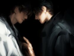 2boys black_coat black_hair black_shirt closed_eyes coat hand_up highres kim_dokja macaronijail male_focus multiple_boys omniscient_reader&#039;s_viewpoint partially_shaded_face reaching reaching_towards_another shirt short_hair sidelighting white_coat yoo_joonghyuk