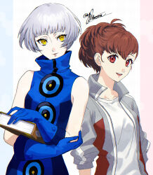 2girls absurdres bare_shoulders blue_dress blue_gloves bob_cut book brown_eyes brown_hair closed_mouth commentary_request dress elizabeth_(persona) gloves grey_hair grey_jacket highres holding holding_book jacket lips looking_at_viewer multiple_girls open_clothes open_jacket open_mouth persona persona_3 persona_3_portable pink_lips ponytail shiomi_kotone shirt short_hair simple_background sleeveless sleeveless_dress smile track_jacket twitter_username white_background white_shirt yokaroni