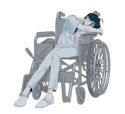 1boy absurdres closed_mouth commentary_request full_body hair_between_eyes highres leaning_to_the_side looking_at_viewer maelo meguriya_ayumu pants shirt shoes short_hair short_sleeves simple_background sitting solo toshi_densetsu_kaitai_center wheelchair white_background white_pants white_shirt white_shoes