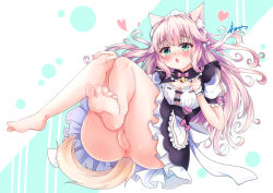 Rule 34 | 1girl, animal ear fluff, animal ears, anus, apron, bare legs, barefoot, bell, black dress, blush, bow, bowtie, breasts, buttons, cat ears, cat girl, cat tail, censored, character name, cleavage, cleavage cutout, cleft of venus, clothing cutout, commentary request, dress, embarrassed, feet, floating hair, food print, fraise (nekopara), frilled apron, frilled dress, frills, full body, fusse, gold bell, green eyes, hair bow, hand on own knee, hands up, heart, heart button, highres, jingle bell, knees together feet apart, long hair, maid, maid apron, maid headdress, mosaic censoring, nail polish, name tag, neck bell, nekopara, no panties, nose blush, open mouth, pink bow, pink bowtie, pink hair, pink nails, puffy short sleeves, puffy sleeves, pussy, short sleeves, sidelocks, signature, simple background, sitting, sleeve bow, slit pupils, small breasts, soles, solo, tail, thighs, toenails, toes, underwear, variant set, very long hair, waist apron, waitress, wavy hair, white apron, white background, white bow, white wrist cuffs, wrist cuffs