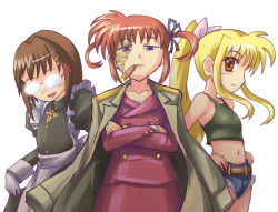 Rule 34 | 3girls, balalaika (black lagoon), balalaika (black lagoon) (cosplay), belt, black lagoon, blonde hair, cigar, cosplay, crossed arms, crossover, fate testarossa, formal clothes, glasses, jacket, jewelry, lyrical nanoha, mahou shoujo lyrical nanoha, mahou shoujo lyrical nanoha a&#039;s, maid, midriff, multiple girls, parody, pencil skirt, pendant, revy (black lagoon), revy (black lagoon) (cosplay), ribbon, roberta, roberta (black lagoon), roberta (black lagoon) (cosplay), roberta (cosplay), scar, short shorts, shorts, simple background, skirt, skirt suit, smoking, suit, takamachi nanoha, twintails, white background, white devil, yagami hayate