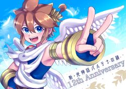 1boy :d ahoge ancient_greek_clothes androgynous angel angel_wings anniversary armpits blue_background blue_eyes blue_sky blue_undershirt brown_hair chiton colored_eyelashes double-parted_bangs falling_feathers feathered_wings feathers fingerless_gloves fingernails gloves greco-roman_clothes hand_on_own_hip kid_icarus kid_icarus_uprising laurel_crown light_blush male_focus nintendo open_mouth perspective pit_(kid_icarus) short_hair single_bare_shoulder sky smile thick_eyelashes v waffuum white_wings wings