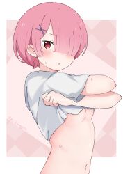1girl :o absurdres blush border breasts checkered_background commentary_request dot_nose hair_ornament hair_over_one_eye highres looking_at_viewer navel outside_border parted_lips pink_background pink_hair ram_(re:zero) re:zero_kara_hajimeru_isekai_seikatsu red_eyes shirt short_hair small_breasts solo sunegg1112 sweat underboob undressing upper_body white_border white_shirt x_hair_ornament