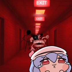 1girl :3 backrooms_(creepypasta) blue_hair chasing chibi exit_sign fleeing hat hat_ribbon highres indoors mob_cap pink_hat red_eyes red_light red_ribbon remilia_scarlet ribbon scared screaming short_hair smiler_(backrooms) smug solo tears touhou wide-eyed y75zei