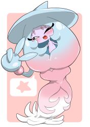 1girl absurdly_long_hair black_sclera blue_hair blue_hat blush border colored_sclera colored_skin female_focus flat_chest full_body gen_8_pokemon gradient_hair half-closed_eye happy hat hatterene kazamidoririnn long_hair looking_at_viewer multicolored_hair nintendo one_eye_closed open_mouth outside_border parted_bangs pink_background pink_hair pokemon pokemon_(creature) prehensile_hair purple_skin sidelocks simple_background smile solo speech_bubble spoken_star standing star_(symbol) two-tone_hair v very_long_hair white_border white_eyes wink witch_hat