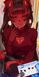1girl black_hair black_thighhighs blue_gloves blunt_bangs bow breasts cleavage cleavage_cutout closed_eyes closed_mouth clothing_cutout colored_skin commentary demon_girl demon_horns demon_tail earrings english_commentary gloves hair_between_horns hair_bow heart_cutout highres horns indoors jewelry latex latex_gloves long_hair long_sleeves looking_at_viewer mask mask_pull medium_breasts meruccubus_(merunyaa) merunyaa mole mole_under_eye mouth_mask oni oni_horns original plaid_clothes plaid_skirt pointy_ears pov pov_hands red_horns red_oni red_skin red_skirt red_sweater red_tail sitting skirt solo subway surgical_mask sweater tail thighhighs zettai_ryouiki