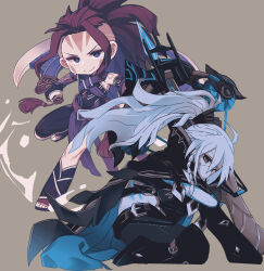 2girls ahoge anti-mage black_cape black_footwear black_pants blood blood_on_face blue_skin boots bow_(weapon) cape chibi closed_eyes closed_mouth colored_skin commentary crossbow dota_(series) dota_2 drow_ranger_(dota) dual_wielding edich english_commentary facepaint fingerless_gloves full_body gloves grey_background highres holding holding_crossbow holding_weapon long_hair looking_at_viewer multiple_girls pants ponytail purple_eyes purple_gloves purple_hair simple_background smile spiked_hair tattoo toeless_footwear v-shaped_eyebrows weapon wei_(dota_2)