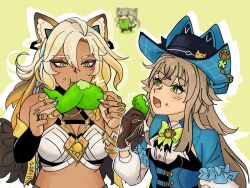 3girls :i :t animal_ears bare_shoulders black_hat blonde_hair bow bowtie brown_hair cat_ears chicken_(food) crop_top dark_skin eating food genshin_impact green_bow green_bowtie green_eyes grey_hair hat highres holding holding_food kirara_(genshin_impact) kirara_(phantom_in_boots)_(genshin_impact) long_hair long_sleeves lynette_(genshin_impact) midriff multiple_girls nail_polish open_mouth stomach upper_body vlilacc xilonen_(genshin_impact) yellow_background