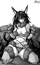 1girl :3 animal_ears arknights bare_shoulders blaze_(arknights) blue_eyes breasts cameltoe cosplay elbow_gloves female_pubic_hair furauji gloves greyscale hairband heart large_breasts long_hair looking_at_viewer mash_kyrielight mash_kyrielight_(dangerous_beast) mash_kyrielight_(dangerous_beast)_(cosplay) monochrome pubic_hair sitting smile solo spot_color thighhighs wariza
