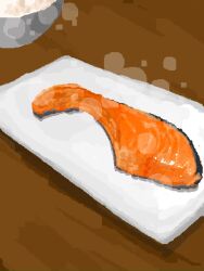 bowl filet fish_(food) highres hisachan55cute no_humans on_table original out_of_frame pixel_art plate rice_bowl salmon scenery seafood simple_background steaming_food table
