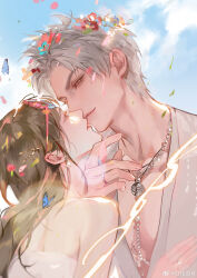 1boy 1girl absurdres bare_shoulders bloodybeni brown_hair bug butterfly cloud cloudy_sky collarbone dress earrings eyewear_on_head hair_ornament hairclip hand_on_another&#039;s_chest hand_on_another&#039;s_chin hetero highres insect jewelry kiss long_hair looking_at_another love_and_deepspace necklace open_clothes open_shirt parted_bangs pearl_necklace protagonist_(love_and_deepspace) red_eyes ring shirt short_hair sky sylus_(love_and_deepspace) upper_body white_dress white_hair white_shirt
