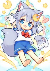 1girl :d absurdres aikei_ake animal_ear_fluff animal_ears arms_up barefoot blue_sailor_collar blue_shorts blush bow chibi commission crescent crescent_hair_ornament fang full_body gloves grey_hair hair_between_eyes hair_ornament highres open_mouth original red_bow sailor_collar second-party_source shirt short_sleeves shorts skeb_commission smile soles solo star_(symbol) tail white_gloves white_shirt wolf_ears wolf_girl wolf_tail