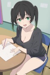 1girl absurdres black_hair black_shirt blue_shorts blurry blush breasts chair cleavage commentary_request dolphin_shorts folding_chair gradient_hair green_eyes green_hair highres holding holding_pen holding_pencil ikesho0612 large_breasts long_sleeves looking_at_viewer love_live! love_live!_nijigasaki_high_school_idol_club mechanical_pencil medium_breasts medium_hair multicolored_hair on_chair open_mouth paper pen pencil round_table shirt shorts sitting sleeves_rolled_up smile solo sweatdrop table takasaki_yu thighs translation_request twintails two-tone_hair underwear