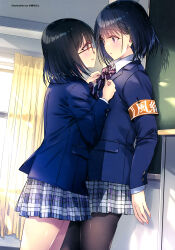2girls absurdres adjusting_bowtie armband black_hair blazer blue_hair blue_jacket blush bow bowtie brown_pantyhose classroom collared_shirt curtains eye_contact glasses hair_ornament hairpin highres indoors jacket kobayashi_chisato long_sleeves looking_at_another multiple_girls open_mouth original pantyhose parted_lips pleated_skirt purple_eyes red_eyes school_uniform shiny_clothes shiny_legwear shirt short_hair skirt standing striped_bow striped_bowtie striped_clothes yellow_armband yuri