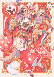 1girl animal_ear_fluff animal_ears apron black_ribbon blush_stickers border brown_sandals brown_socks closed_mouth commentary_request daruma_doll dated food fox_ears frilled_apron frilled_kimono frills fruit full_body green_eyes hair_bobbles hair_ornament highres japanese_clothes kimono long_hair long_sleeves looking_at_viewer low_twintails mandarin_orange nail_polish new_year original outline outside_border outstretched_arms platform_sandals purple_hair red_background red_kimono red_nails ribbon sandals signature smile socks solo sorata123 spread_arms tail twintails white_apron white_border white_outline wide_sleeves